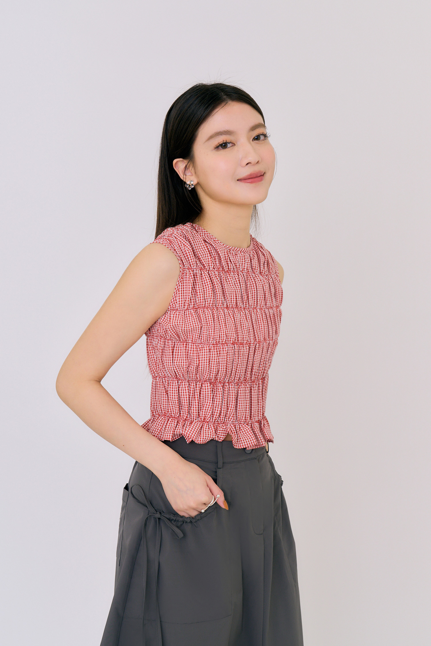 小格紋抽皺背心