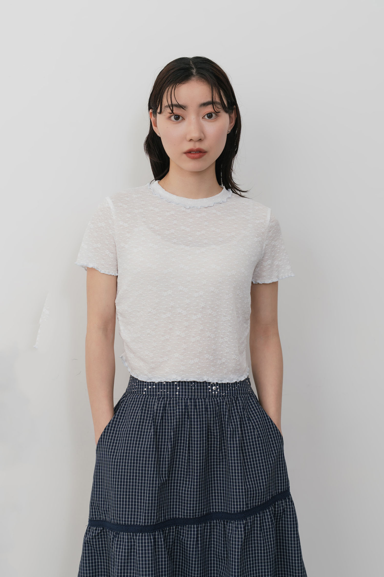 小花紋理透膚上衣