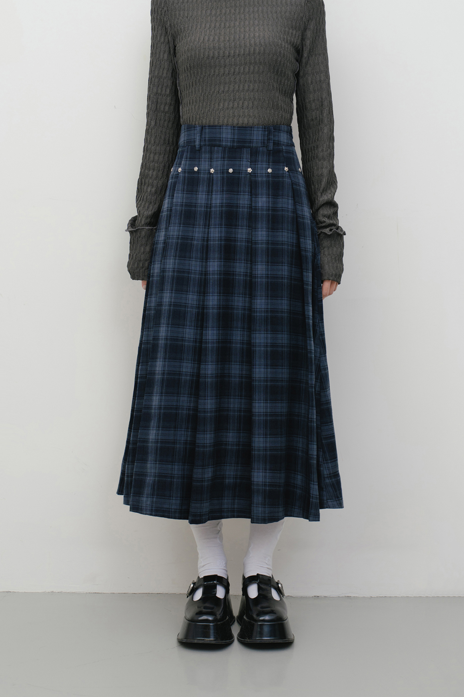 小花五金格紋長裙